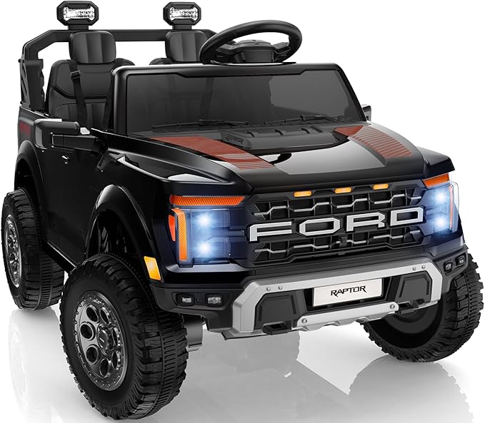 24V Ride on Toys for Big Kids, Licensed Ford F-150 Raptor 2 Seater Kids Ride on Car w/Remote Control, Toddler Electric Car w/LED Lights, Bluetooth, Truck Bed Storage, Soft Start (Black)