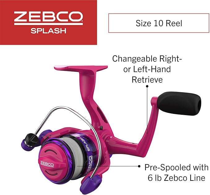 Zebco Splash Junior Spinning Reel and Fishing Rod Combo, 4-Foot 2-Piece Fishing Pole, Size 10 Reel, Changeable Right- or Left-Hand Retrieve, Pre-Spooled with 6-Pound Zebco Line
