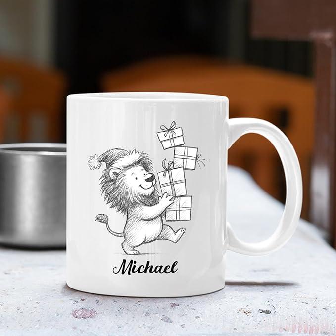 Personalized Lion Lover Coffee Cup 11 Oz 15 Oz, Lion Wild Animal Ceramic Coffee Mug Gift For Kids Child on Birthday Holiday, Custom Name Lions White Accent Teacup, Animal Travel Mug Gift For Friends