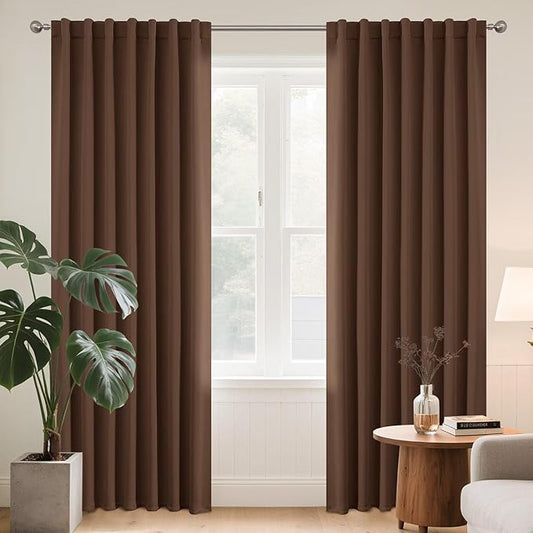 Joydeco 90 Inch Curtains for Bedroom, Thermal Insulated Black Out Curtains 2 Panels Set, Room Darkening Drapes for Living Room Window Rod Pocket Back Tab (W52 x L90 Inch, Brown)