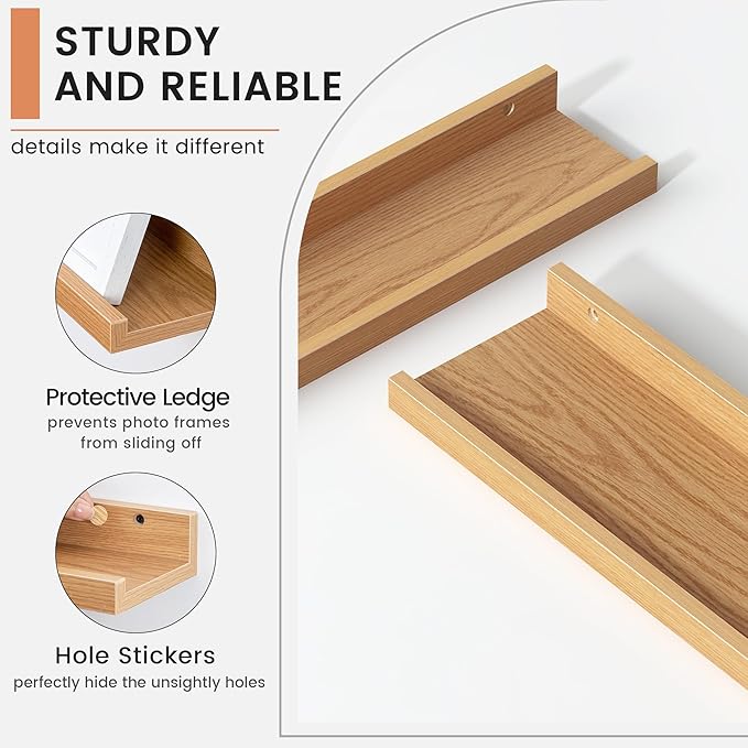 4-Pack 72 Inch Wall Mounted Floating Picture Ledge Shelves, Modern Oak Style, Perfect for Displaying Photos, Books, Collectibles, and More