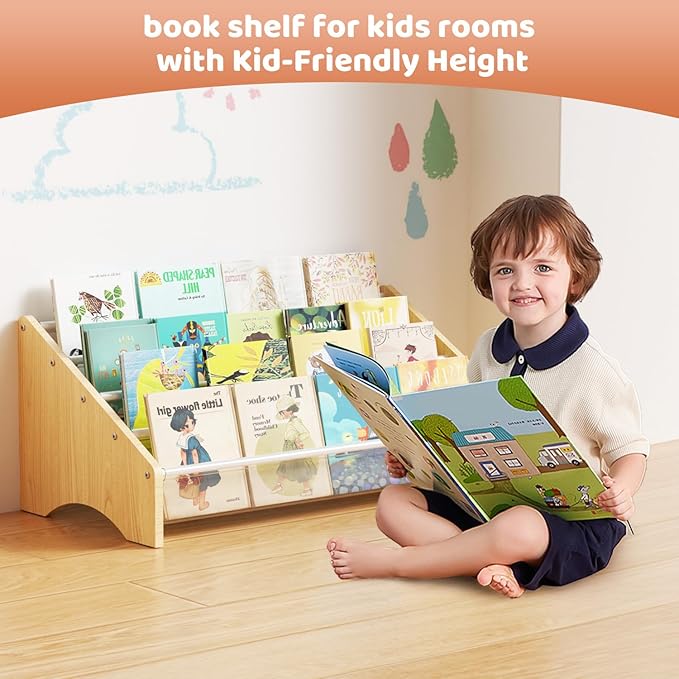 Sturdy Wooden High-Transparent 4 Tier Kids Bookshelf, Perfect Kid-Friendly Height Book Shelf for Kids Rooms - Toddler Book Shelf Display for Nurasery, Deep Size Bookshelf Hold More Books