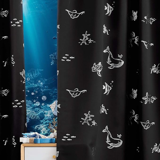 Vangao Kids Curtains for Boys Bedroom Kids Blackout Curtains 84 Inch Length Ocean Aquarium Nursery Drapes for Girls Bedroom Silver Sea Animals Print Thermal Insulated Drapes, Black 2 Panels