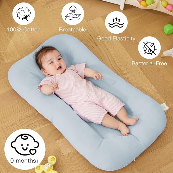 Baby Lounger for Newborn, Bionic Design Baby Lounger, Soft Organic Cotton Breathable Lounger for Infants 0-18 Months (Grayinsh Blue)