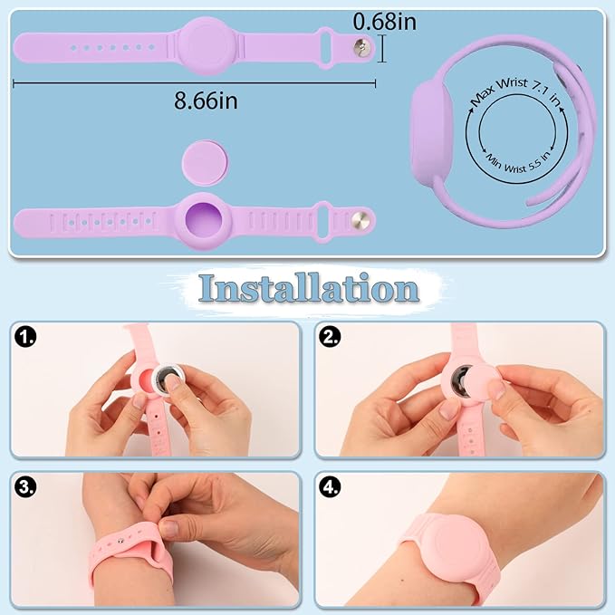 Kids Waterproof Airtag Bracelet Compatible with Apple AirTag, Hidden Silicon Protective Case for Air Tag GPS Tracker Holder, Adjustable Anti-Lost Watch Band for Toddler Child (Cyan & Purple)