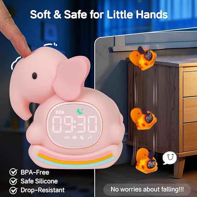 Alarm Clock for Kids with Night Light, Sleep Training Clock Time to Wake Clock, Rechargeable Silicone Light for Bedroom, Perfect Sleep Companion for Boys Girls, Pink Elephant