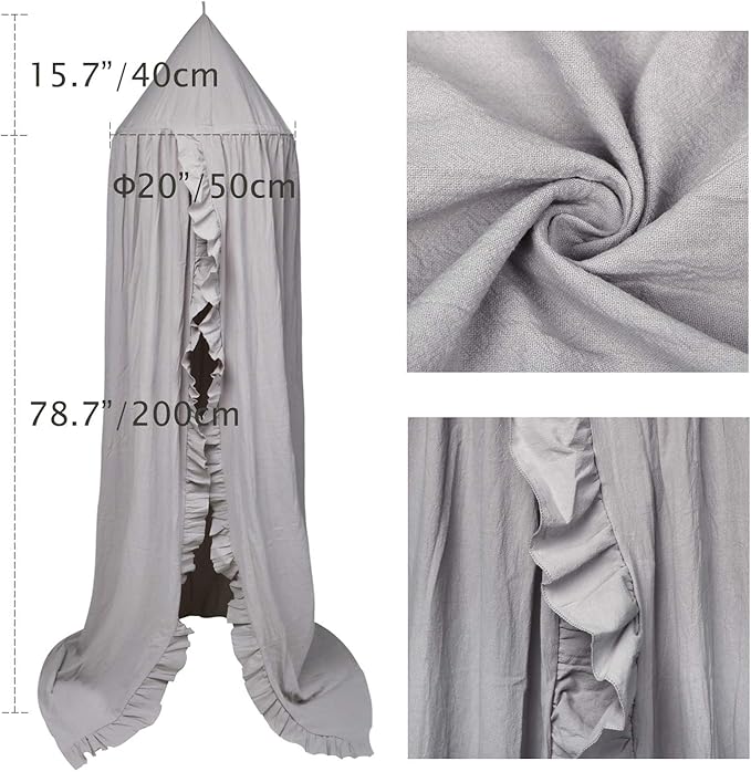 Bed Canopy with Frills Reading Nook Game Tent for Kids Boho Hanging Net Play Room Decor(Light Grey)