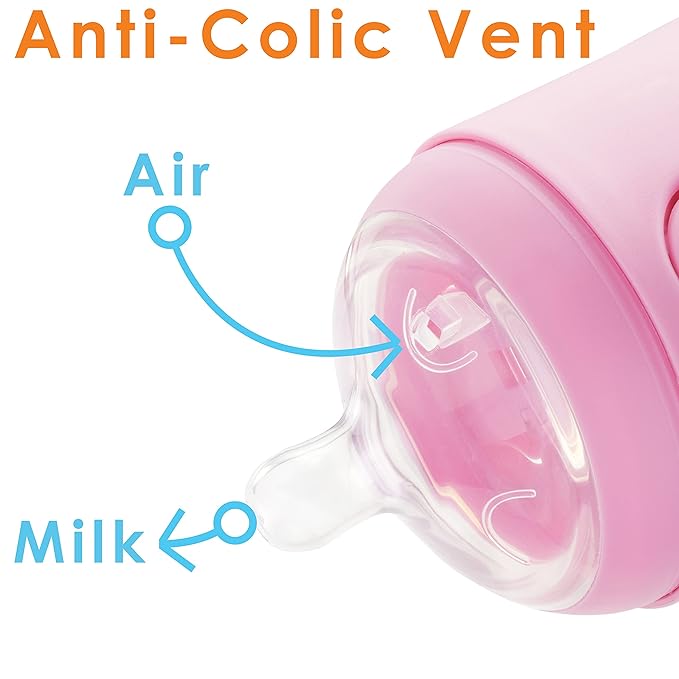 PopYum 9 oz Pink Anti-Colic Formula Making/Mixing/Dispenser Baby Bottles, 3-Pack with #2 Medium Flow Nipples, 260 ml, BPA-Free, Natural Latch