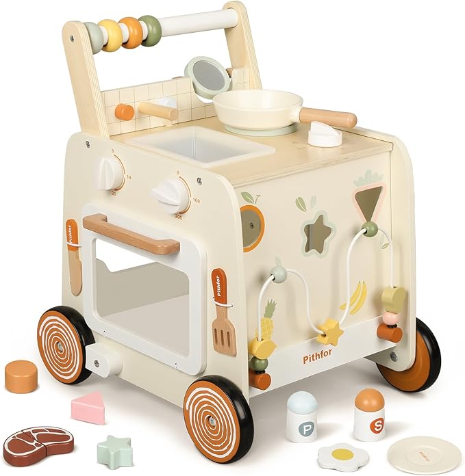 Wooden Baby Walker, 3-in-1 Baby Push Walker, with Pretend Kitchen, Montessori Sensory Activity Center, Push Walker Toys for Babies Learning to Walk, Sit-to-Stand