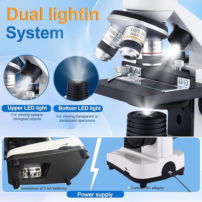 Microscope Magnification 40X-2500X WF10x and WF25x Eyepieces, Dual LED Illumination, Adult Microscope for Schools Home Labs Educational Use