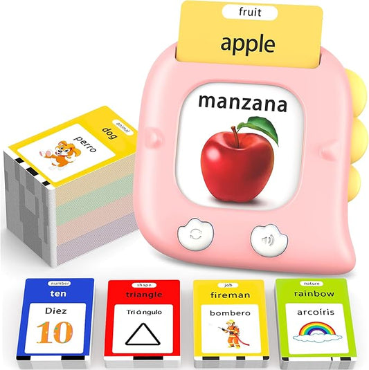Kidzdo 520 Bilingual Spanish English Talking Flash Cards, Christmas Birthday Gifts for 2 3 4 5 6 Year Old Girls, Montessori Pocket Speech Therapy Toys, Portable Toddlers Toys for Ages 2-6 Kids, Pink