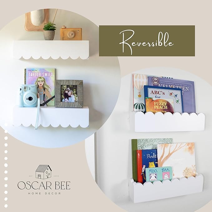 White Floating Cloud Shelves – Set of 2 Scalloped Wooden White Floating Cloud Shelves for Wall, Pre-Assembled Nursery Bookshelves for Baby, Toddler & Kids Room, Montessori Wall Shelf Display