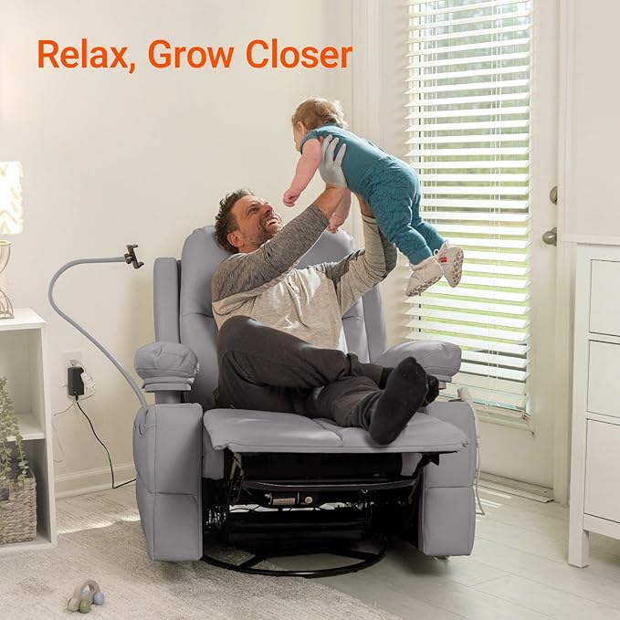 Rocking Chair Nursery with Adjustable Armrests, Electric Glider Recliner Nursing Chair for Breastfeeding, Power Swivel Recliner Chairs with USB Port and Storage, FSC Certified (Haze)