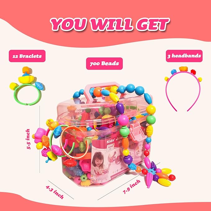 Arthopt Snap Pop Beads Jewelry Making Kit for Girls with 700+ pcs Arts and Crafts Toys for Kids 3-7 Years Old, DIY Snap Beads Bracelets Necklace Ring Toy Set Birthday Gifts for Girls 4 5 6 7 8