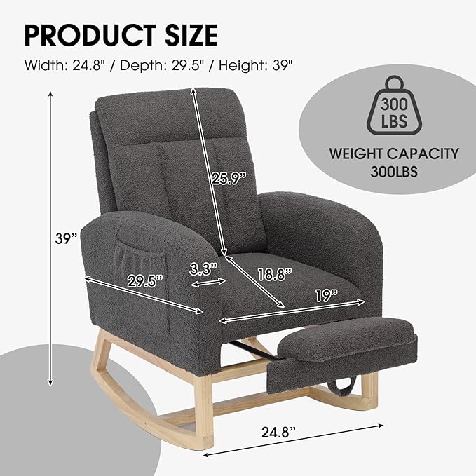NIOIIKIT Modern Nursery Rocking Chair, Teddy Upholstered Rocking Chair with Footrest, Comfortable Rocker Recliner with Side Pocket, Glider Rocker for Living Room, Bedroom, Nursing Room (Dark Grey)