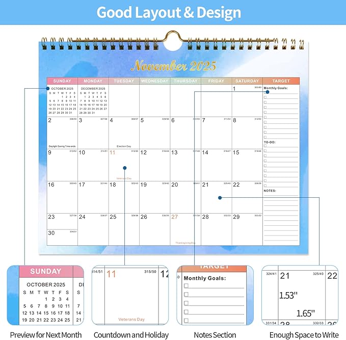 Calendar 2025-2027 22 Monthly Wall Calendar Runs from September 2025 until June 2027 Spiral Binding Hanging 11.5" x 14.7" Thick Paper with Julian Dates and Block for School Office（Colorful）