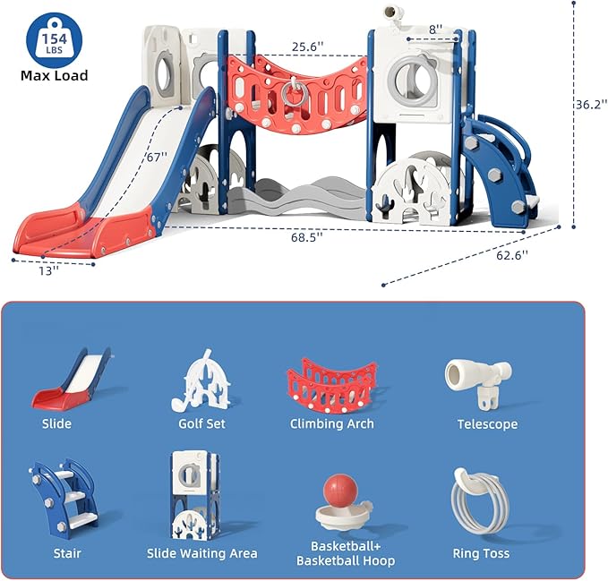 KORIMEFA 10 in 1 Toddler Slide Set, Kids Slide for Toddlers, Outdoor Indoor Playground for Toddlers 1-3, Toddler PlaySet with Basketball Hoop and Ball Golf Set, Climbing Arch(Red & Blue)