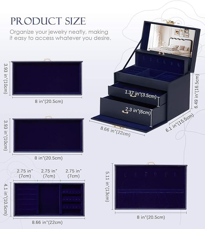 Jewelry Box with Lock for Girls: Jewelry Organizer for Dresser - 3-Drawer Earrings Storage Girls Women Gift (Dark Blue