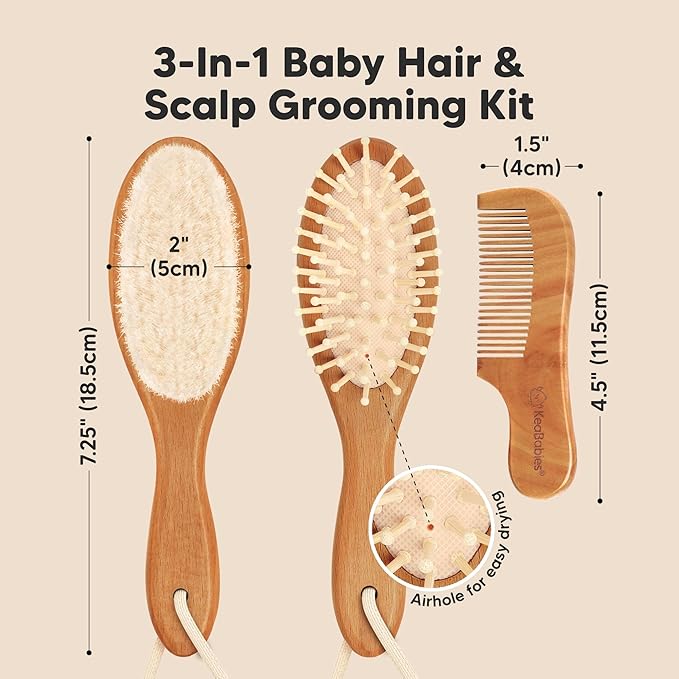 Baby Hair Brush and Comb Set for Newborn - Wooden Baby Hair Brush Set with Soft Goat Bristle, Baby Brush Set for Newborns, Baby Brush and Comb Set Girl, Boy, Toddler Cradle Cap Brush(Oval, Golden Oak)