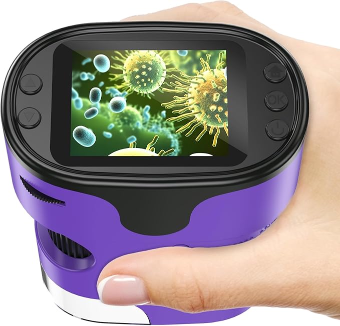 1000X Handheld Microscope for Kids 4K 2.0" Screen Rechargeable Mini Pocket Digital Microscopes w/Slides Kit Portable Edu Gift Age 4-6 8-12 Children Students (Purple)