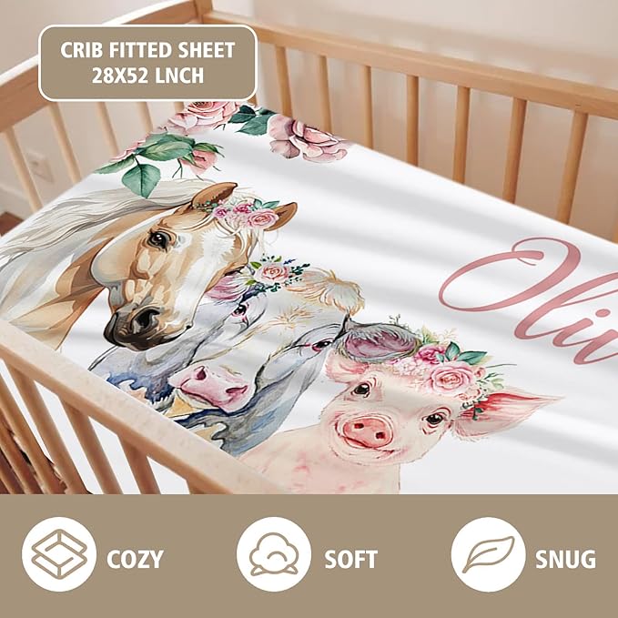 Custom Name Crib Bedding Set - Horse & Cow Pattern, Personalized Floral Nursery Bedding 3-Piece Set– Soft Blanket, Fitted Sheet, Changing Pad Cover – for Newborns Girls Nursery Gifts
