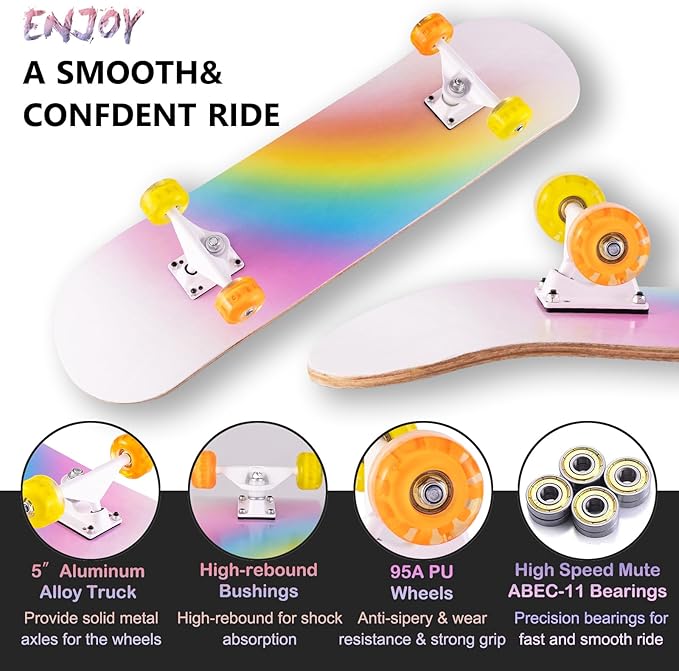 Skateboard,31 x 8 Inch Complete Skateboard, 8-Layer Maple Wood Deck Double Kick Standard Skateboards for Kids, Teens, Adult, Beginner