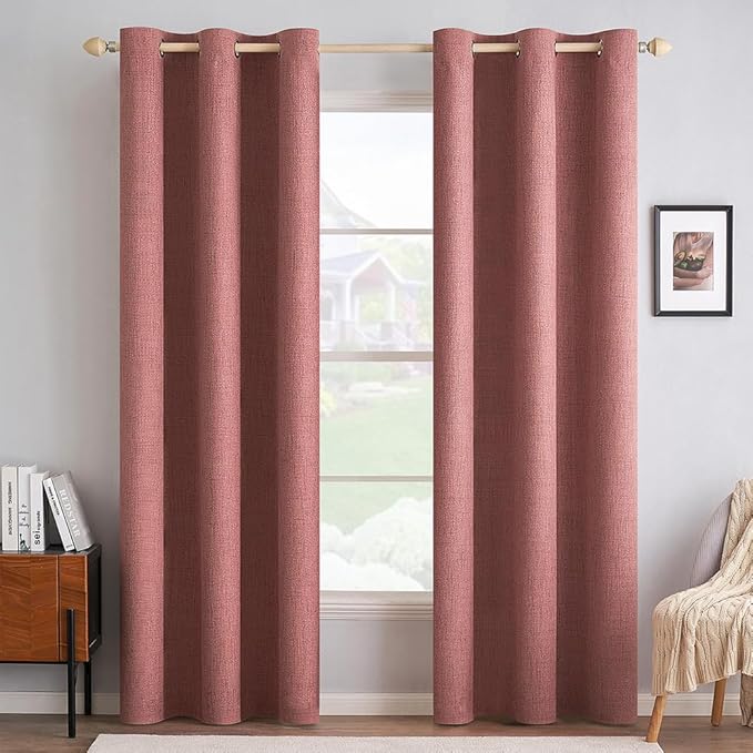 MIULEE 100% Blackout Linen Textured Curtains for Bedroom Solid Thermal Insulated Dusty Rose Grommet Room Darkening Curtains & Drapes Luxury Decor for Living Room Nursery 42 x 84 Inch (2 Panels)