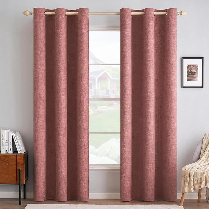 MIULEE 100% Blackout Linen Textured Curtains for Bedroom Solid Thermal Insulated Dusty Rose Grommet Room Darkening Curtains & Drapes Luxury Decor for Living Room Nursery 42 x 90 Inch (2 Panels)