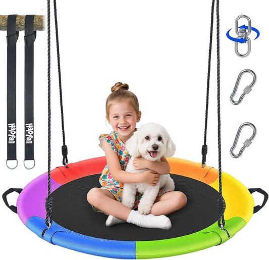 Hapfan 40" Saucer Tree Swing for Kids and Adults, Disc Round Swing for Kids Outdoor with Swivel, UV-Resistant Textilene Fabric, 700 lb Weight Capacity, 9.8 FT Hanging Straps, 2-Year Warranty (Rainbow)