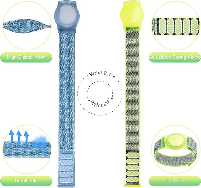 Kids Wristband Compatible with Apple AirTag, Protective Case for Air Tag GPS Tracker Holder with Nylon Bracelet, Adjustable Anti Lost Watch Band for Toddler Child Elder(Blue&Green)