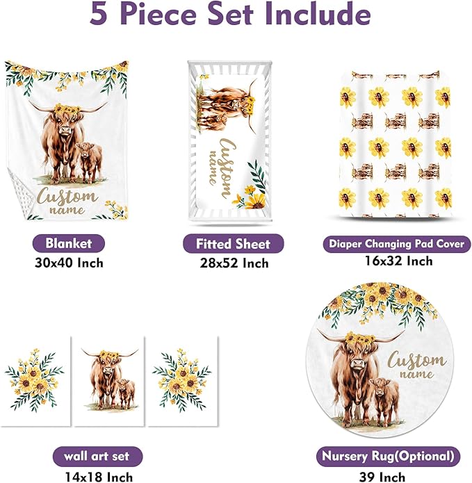 Personalized Nursery Crib Bedding Set: Custom Name Yellow Floral 5 Piece Baby Crib Sets with Highland Cattle Design - Toddler Double Layer Blanket Set, Comfortable Crib Bed Sheets for Baby Grils
