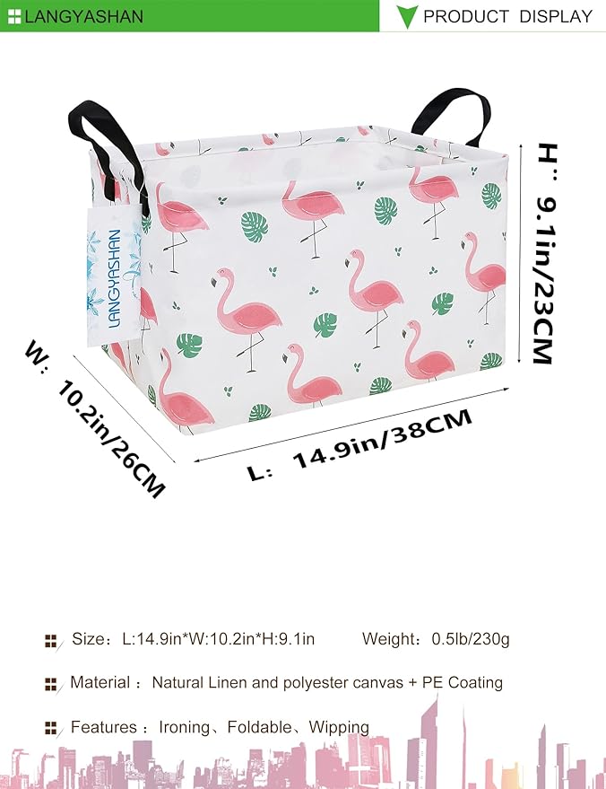 LANGYASHAN Rectangular Storage Bin Collapse Canvas Fabric Cartoon Storage Basket with Handles for Organizing Home Kitchen Boys and Girls Toys Office Closet Shelf Baskets(Rec Leaf Flamingo)