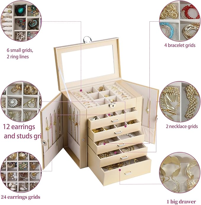 BOOVO Jewelry Box For women, 6 Layer Large Jewelry Organizer With Mirror, Multi-Function Storage Box With Lock, Accessory Holder With 5 Drawers, For Earrings Necklace Ring Bracelet (Pale gold)