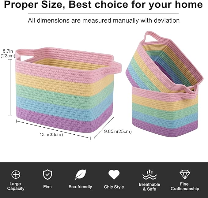 OIAHOMY Storage Basket, Woven Baskets for Storage, Cotton Rope Basket for toys,Towel Baskets for Bathroom - Pack of 3, Rainbow Pastel
