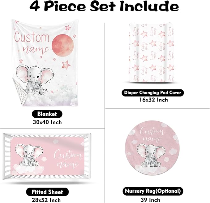 Custom Nursery Crib Bedding Set: Personalized Name 4 Piece Starry Sky Elephant Design Baby Crib Sets for Girls - Toddler Double Layer Blanket Set, Comfortable Crib Bed Sheets for Baby Toddlers