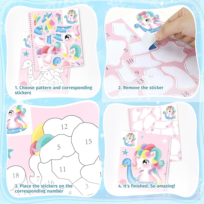 PERRYHOME 3PCS Sticker by Number Paint Books for Girls Ages 4-8, Unicorn Mermaid Frozen Themes Sticker Activity Books, Girls Crafts Party Birthday Christmas Gifts Toys