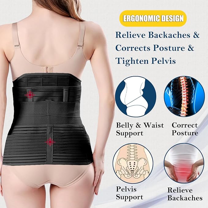 ChongErfei 3 in 1 Postpartum Belly Wrap - Recovery Belly/Waist/Pelvis Belt Black Postpartum Belly Band,Black L