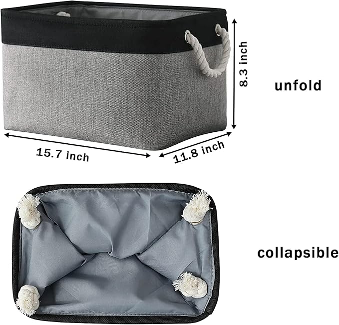 TcaFmac Storage Basket for Organizing - Large 4 Pack Canvas Decorative Storage Bins Baskets for Shelves with Ropes, Foldable Storage Cubes for Closet Cloth Toy Linen(Black & Grey 16x12x8 inch)