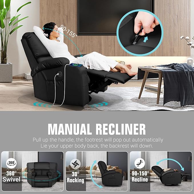 Rocking Recliner Chair, Massage Rocker Recliner Chair with Vibration Massage and Heat, USB and Type-C Ports,360° Swivel Faux Leather Chairs, Living Room, Bedroom, Nursery, RV, Black