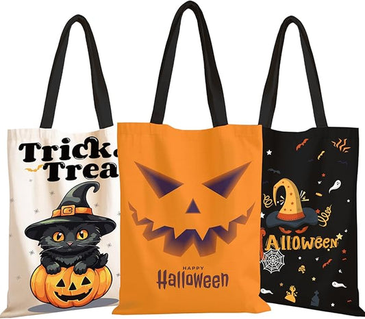 TYL&TYS Halloween Treat Bags, 3Pcs Trick or Treating Bags, Halloween Candy Canvas Tote Gift Bags (Trick or Treat, Cat, Pumpkin), Reusable Grocery Boo Basket Bag for Kids