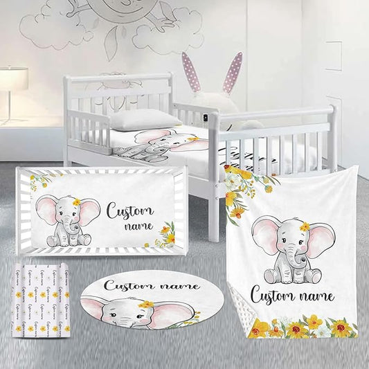 Custom Nursery Crib Bedding Set: 4 Piece Yellow Floral Elephant Design Baby Crib Sets for Girls with Personalized Name - Toddler Double Layer Blanket Set, Comfortable Crib Bed Sheets for Baby Toddlers