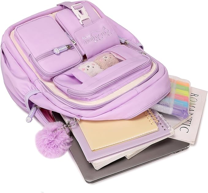 Kids Backpack for Girls School Bags for Middle School Students Book Bag for Elementary Primary Kawaii Ita Backpack, Purple and Beige