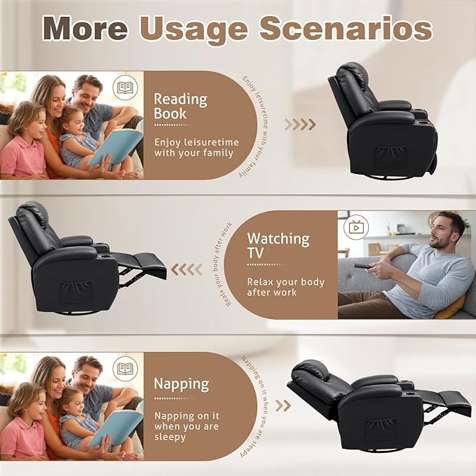 Recliner Chair, 360° Swivel Rocker Chair for Adults, Rocking Recliner Chair with Massage, Comfy Single Sofa with Side Pockets Cup Holders for Living Room, Bedroom, Nursery (Leather, Black)