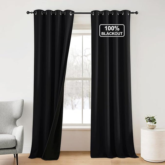NICETOWN 100% Blackout Plylux Curtains for Living Room 2 Panels - Completely Blackout Window Drapes Thermal Insulate Smart Curtians for Nursery Patio Glass Door, Grommet Top (52 by 95 inches, Black)