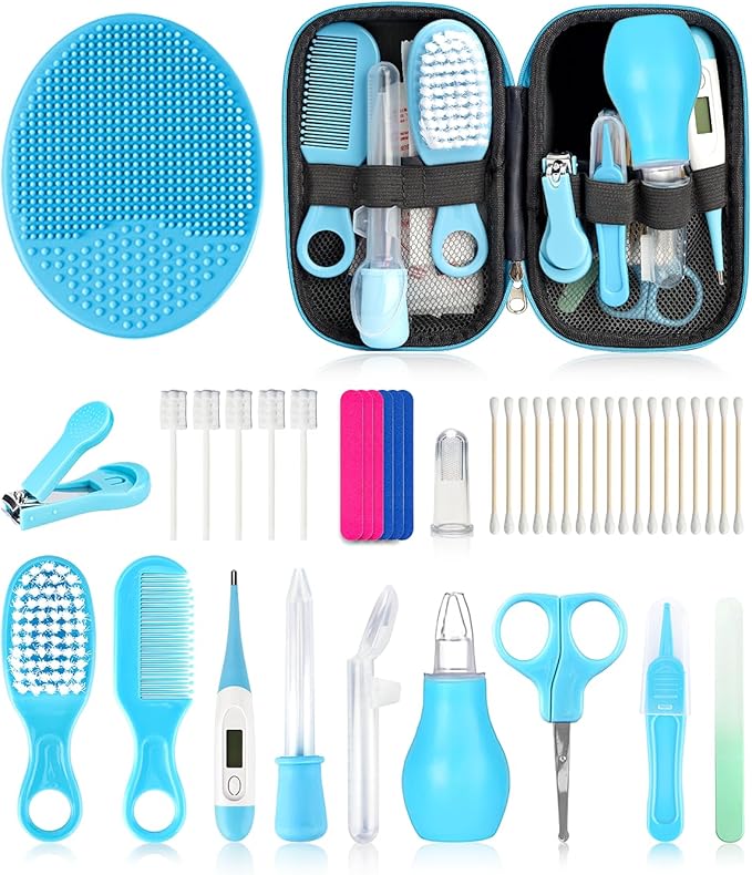Baby Grooming and Healthcare Kit, Portable Baby Safety Care Set with Hair Brush Comb Nail Clipper Nasal Aspirator for Nursery Newborn Infant Girl Boy (25 in 1, Blue)