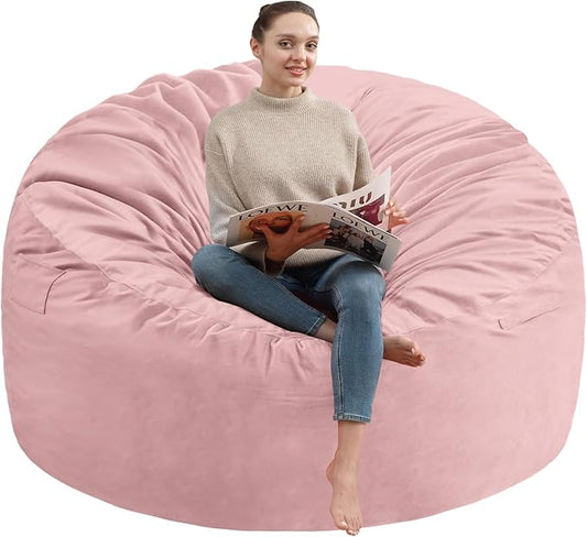 4FT Bean Bag Chair, Large Bean Bag Chairs with Memory Foam Filled, Fluffy Beanbag Sofa with Dutch Velvet Cover, Round BeanBag Chairs for Living Room, Playroom - Light Pink