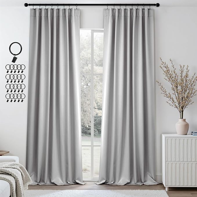 ANRODUO Back Tab Blackout Curtains for Bedroom Living Room, Rod Pocket Pinch Pleated Thermal Insulated Room Darkening Curtains 96 Inches Long 2 Panels, Light Grey, 42 x 96 Inch