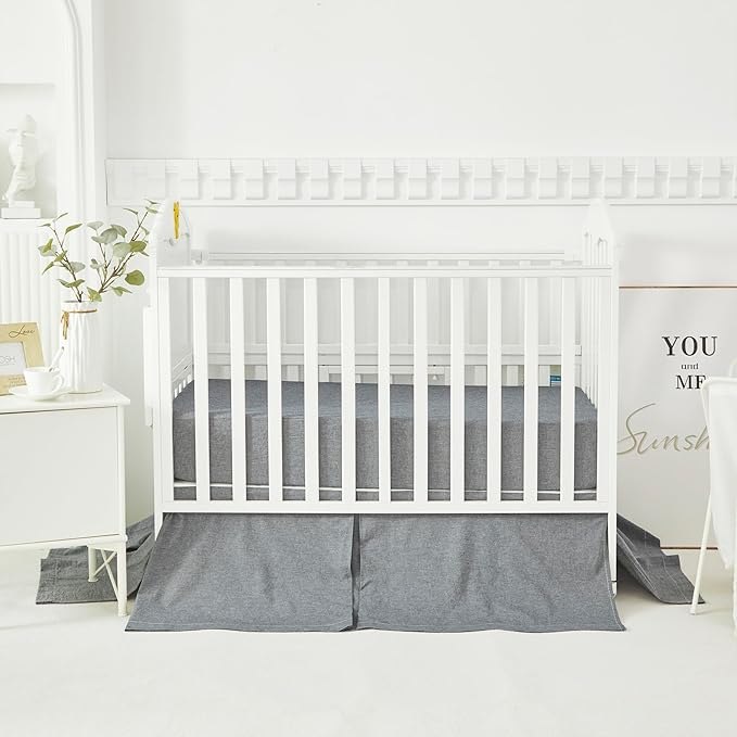 Brandream Gender Neutral Boho Bohemian Farmhouse Chic Baby Crib Bedding Set 100% Washed Cotton Like Linen Supersoft Classic Quilted Plaid Design Nursery Collection (Grey, 6-Piece)