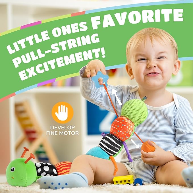 Baby Toys 6-12 Months Music Caterpillar Infant Toys Stuffed Animals 0-3-6 Months Tummy Time Teething Sensory Toys with Mirror Rattle&Pull String for Boys Girls Birthday Gifts|Green,Knot Limb