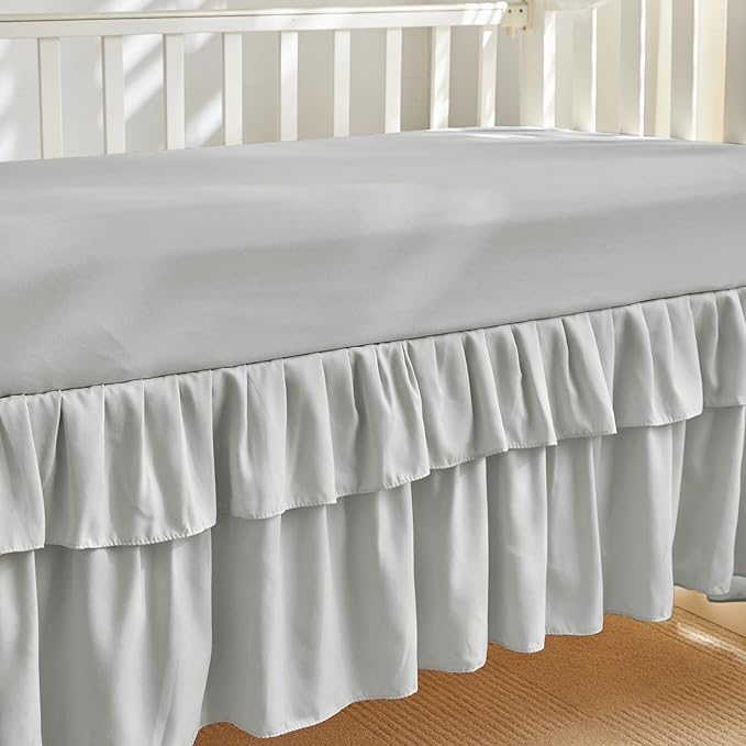 Mini Crib Bedding Set 3 Pieces Baby Boho Quilted Tufted Ruffles Comforter with Fitted Sheet and Ruffled Bed Skirt - Cute Shabby Baby Bedding Fits Mini Crib Only Light Gray